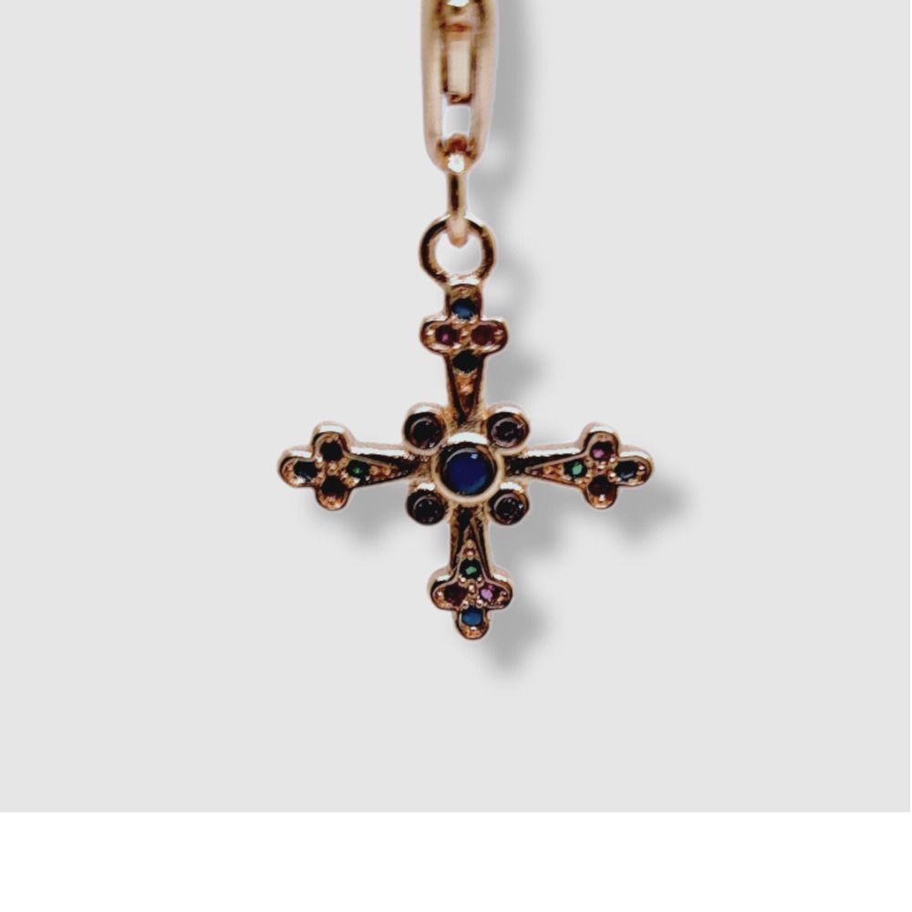 18KRG Plated Round Chalcedony Amethyst Ruby Emerald Celtic Cross Charm